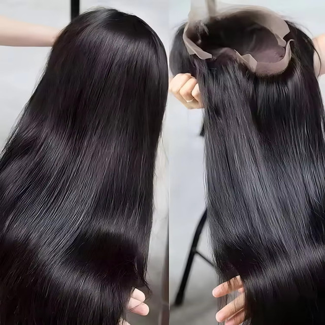 Fuduete Echthaar-Perücke, lange glatte Haare, transparente Spitze, Unisex - Bild 1