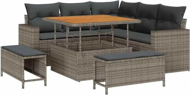 vidaXL Gartensofa-Set aus Poly-Rattan in Grau mit 9 Kissen, Ecksofa L-Form mit Ottoman und Couchtisch, wetterfest und UV-beständig - Bild 1