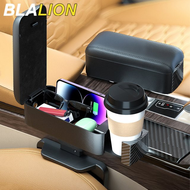 BLALION Auto Armlehne Box Organizer in Schwarz mit verstellbarer Höhe, Ablagefach, Ladekabel und Getränkehalter - Bild 1