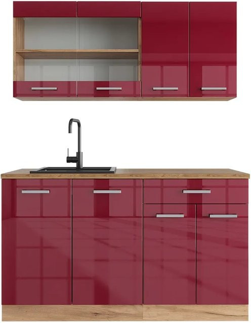 Vicco R-Line Singleküche Bordeaux Hochglanz und Goldkraft Eiche, Breite: 140 cm - Bild 1