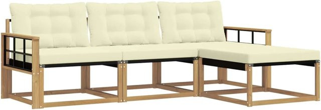 vidaXL Outdoor-Sofagarnitur L-Form aus Akazienholz mit Polsterkissen in Weiß und Beige - Bild 1