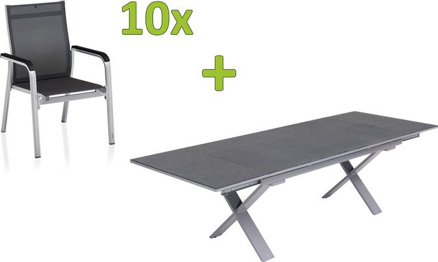 Kettler BasicPlus Premium Garten-Essgruppe aus Aluminium und Textilene in Silber mit ausziehbarem Tisch und 10 Stapelsesseln - Bild 1