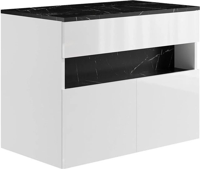 Waschbeckenunterschrank Pogeza in Schwarz-Weiß mit Marmor-Optik, Breite: 80 cm - Bild 1