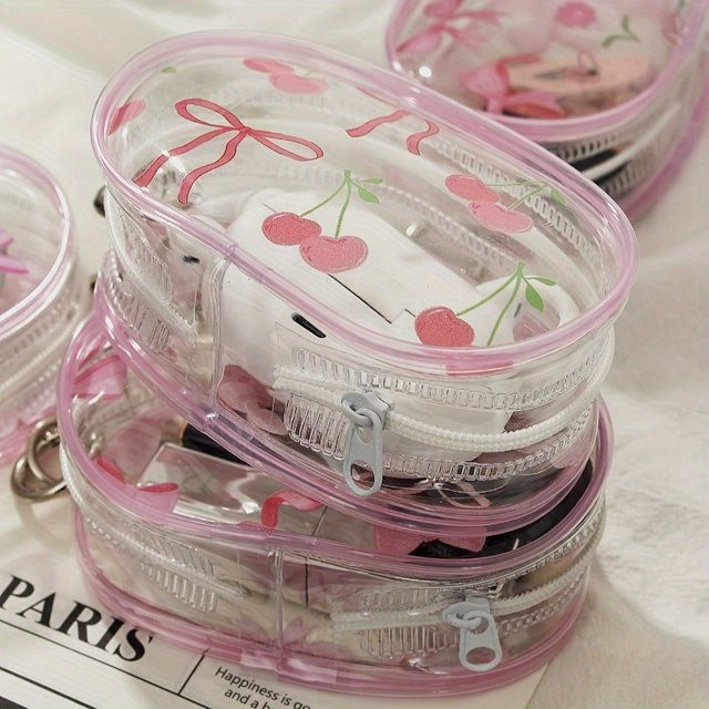 Transparente Mini-Aufbewahrungstasche mit Kirsch-Bowknot in Rosa-Weiß mit Reißverschluss - Bild 1