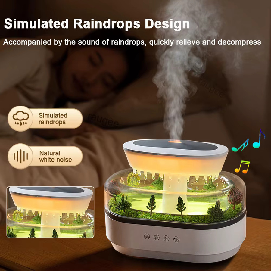 Raugee Luftbefeuchter und Aromatherapie Diffusor mit Musikfunktion, Regentropfen-Design und buntem Licht, Weiß - Bild 3