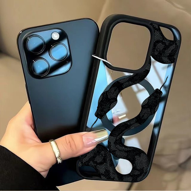 Magnetische Handyhülle mit Schlangenmuster für Apple iPhone 17, 16, 15, 14, 13 Pro Max Plus, Schwarz und Transparent, Anti-Drop Schutzhülle - Bild 1