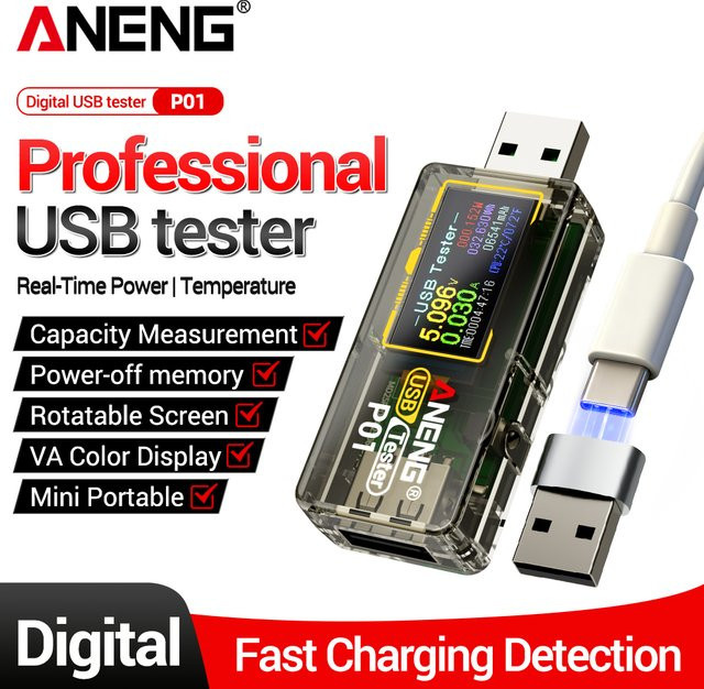 ANENG P01 USB-Tester Digitales Multimeter 4V-30V LCD Spannungs- und Strommessgerät mit Power-Off-Speicher und Stromrücksetzfunktion - Bild 1