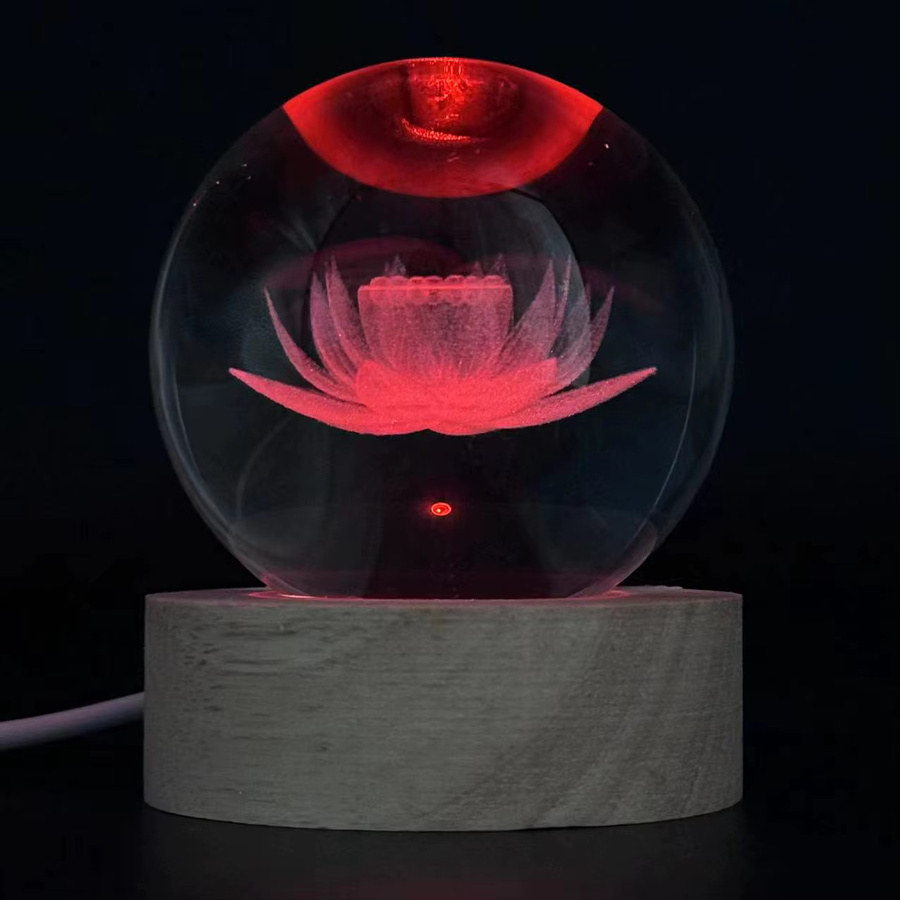 3D Lotus Kristallkugel Nachtlicht mit Lasergravur und Holzsockel in Transparent - Bild 2