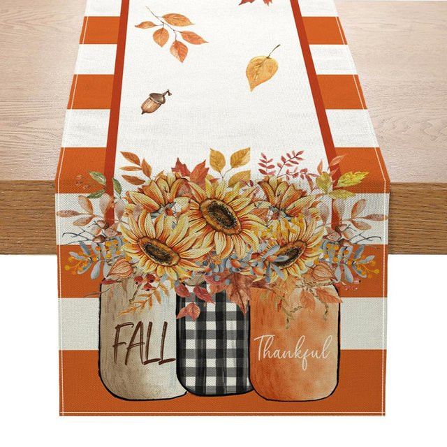 MENGN Top Tischläufer aus Leinen mit Herbst-Kürbis-Print in Orange, B/H: 33 x 180 cm - Bild 1