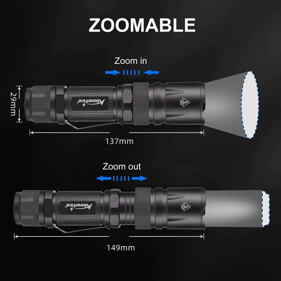 Alonefire 4-in-1 LED Taschenlampe mit RGB-Zoom in Schwarz aus Aluminium für Outdoor, Jagd und Camping - Bild 2