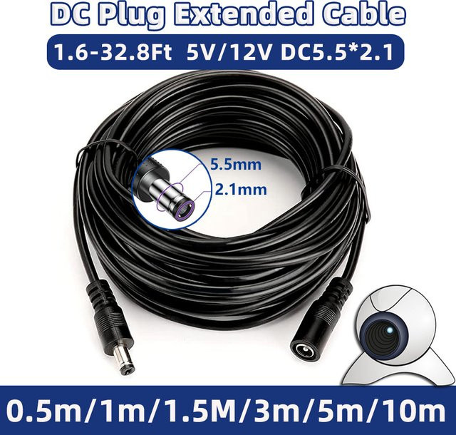DC-Stromverlängerungskabel mit 5,5 mm x 2,1 mm Stecker für Überwachungsgeräte, Schwarz - Bild 1