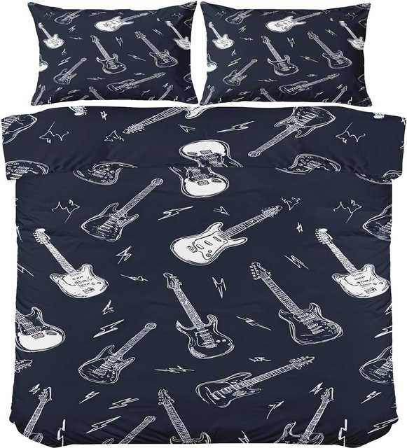 Gitarre Floral Bettwäsche-Set mit Boho-Design in Blau, Einzelbettwäsche aus Mikrofaser für Teenager und Musikliebhaber, B/H: 90 x 200 cm - Bild 1
