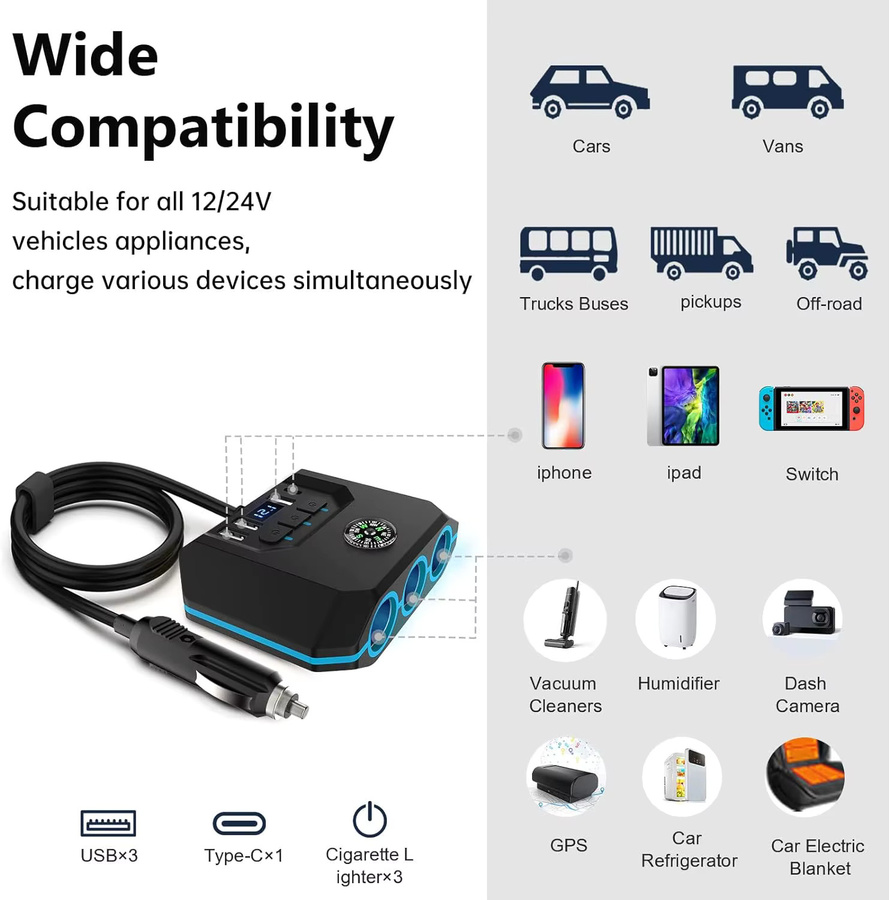 CHEGES 7-in-1 USB-PD Auto-Zigarettenanzünder-Splitter mit 120 W Schnellladegerät, 12 V/24 V Netzteil mit USB-C Anschlüssen und unabhängigen Schaltern, Schwarz - Bild 2