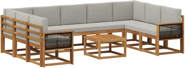 vidaXL Outdoor-Sofagarnitur L-Form aus Akazienholz mit 10 Kissen in Natur und Hellgrau - Bild 1