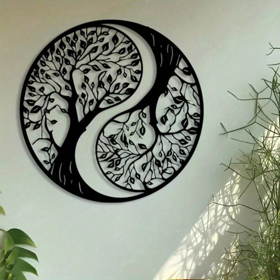 CIFBUY Metall-Wanddekoration Yin-Yang Lebensbaum in Schwarz, Runde Metallkunst mit floralem Design für dein Wohnzimmer - Bild 3