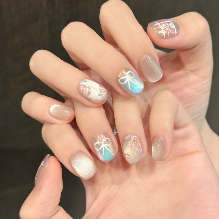 YADORNOS Press On Nails, 10 Stück, Rose Schleife Aurora, rosa blau, glänzend - Bild 2