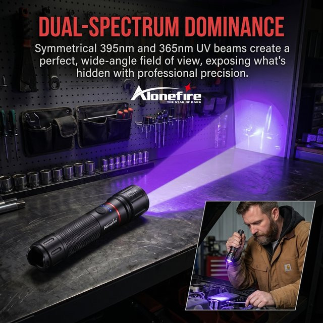 Alonefire 2-in-1 UV-Taschenlampe mit Zoom 395nm und 365nm, USB-aufladbar, Schwarz - Bild 1