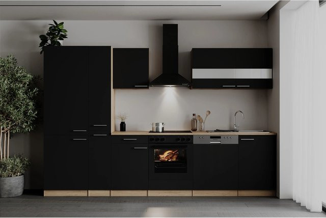 Respekta Küchenzeile Merle in Schwarz mit Eiche Sägerau Nachbildung, modern mit Glastüren und Soft-Close-Funktion, Breite: 310 cm - Bild 1