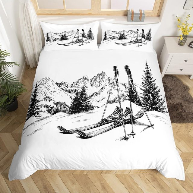 Skifahren Bettwäsche-Set mit Schneeflocken und blauem Karomuster, Weiß/Blau, B/H: 135 x 200 cm - Bild 1