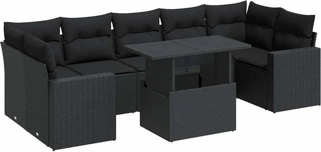 vidaXL 8-tlg Garten-Sofagarnitur in L-Form aus schwarzem Poly-Rattan mit Kissen und pulverbeschichtetem Stahlgestell - Bild 1