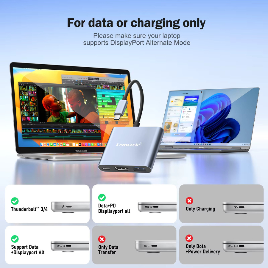 LEMORELE 3 in 1 USB C Hub PD 100W Dockingstation mit HDMI und USB-C Multiport Adapter für MacBook Pro/Air und Windows - Bild 6