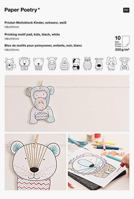 Rico Design Paper Poetry Prickelblock Tiere weiß 10-teiliges Set - Bild 1