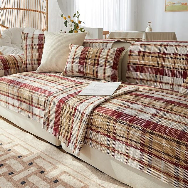 Rutschfeste Sofaauflage aus Baumwolle und Leinen mit Gittermuster von Your Warm Home, Mehrfarbig, B: 210 cm, T: 65 cm - Bild 1