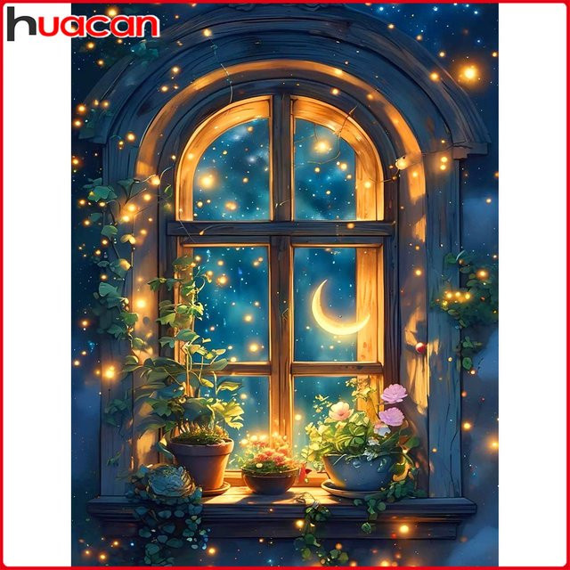 Huacan 5D-Diamantgemälde zum Selbermachen mit Mond, Fenster und Blumen in Multicolour, B/H: 30 x 20 cm - Bild 1