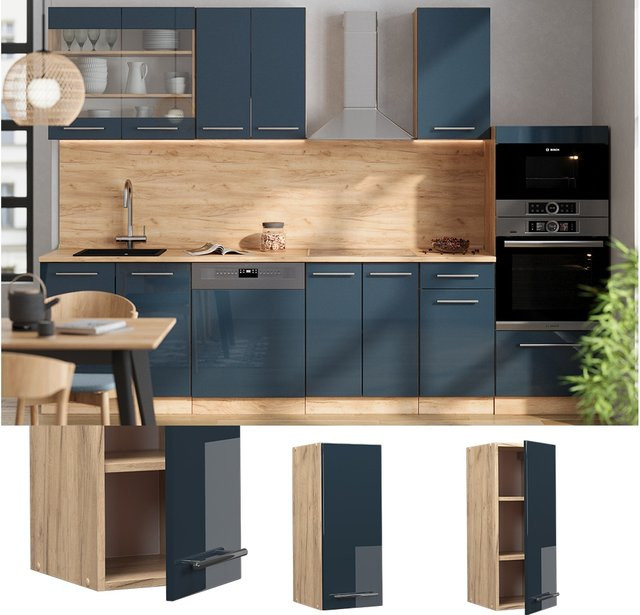 Vicco Hängeschrank Fame-Line Küche Eiche Dunkelblau Hochglanz mit Soft-Close-Scharnieren - Bild 1