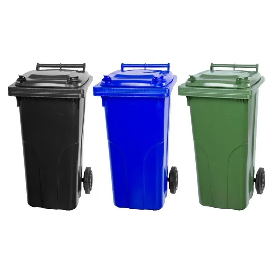 PROREGAL SuperSparSet 3er-Pack Mülltonnen mit 2 Rädern aus HDPE-Kunststoff, 120 Liter, Farben: Grau, Schwarz, Blau und Grün - Bild 2