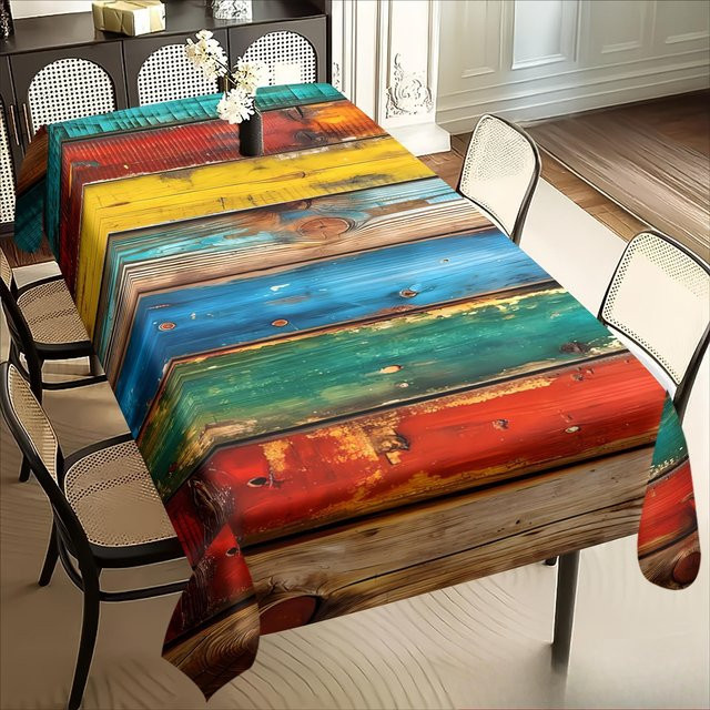 Waschbare rechteckige Tischdecke von JMG Household Supplies mit Regenbogenfarbenem Streifenmuster und Holzmaserung, B/B: 100 x 160 cm - Bild 1
