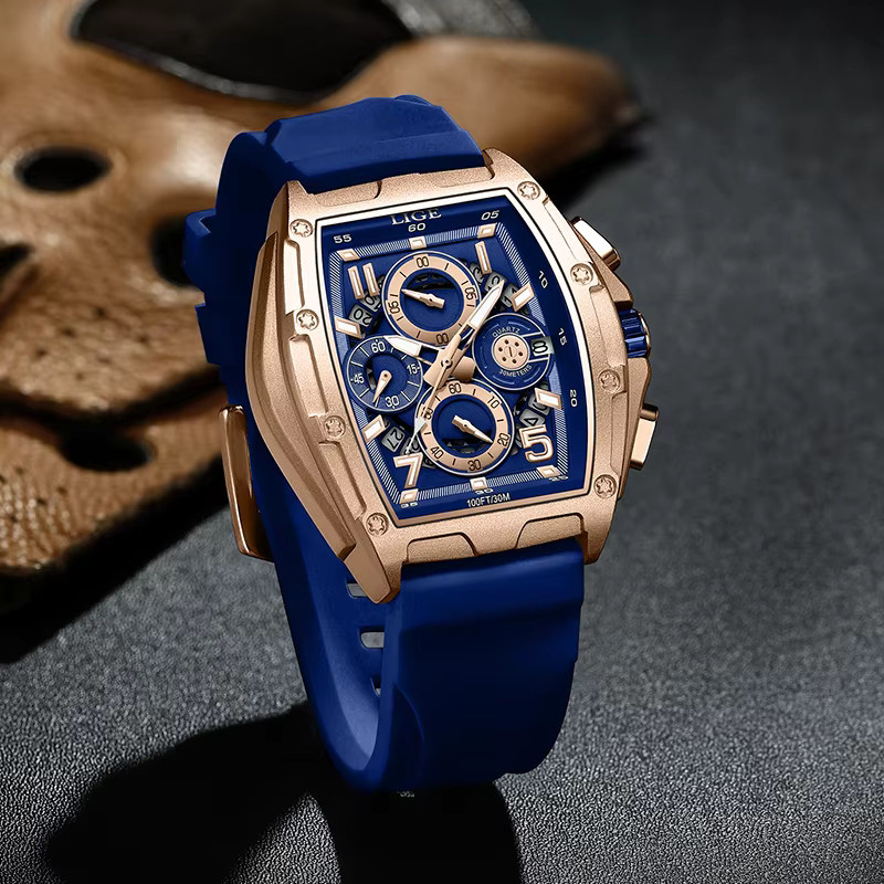 LIGE Chronograph, Quarz, Tonneau, Silikon, Blau, Herren - Bild 4
