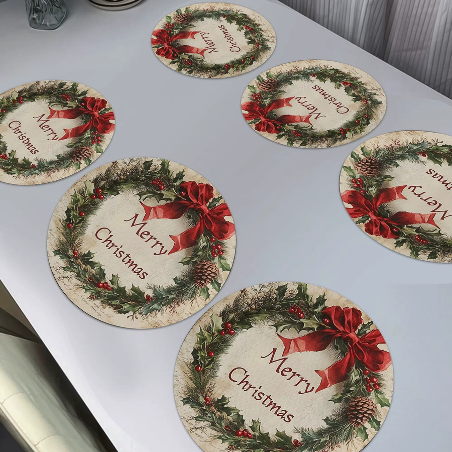 VIKAMA 6er Set Weihnachtsmahlzeitmatten mit Weihnachtskranz-Design in Rot und floralem Muster aus PVC - Bild 2