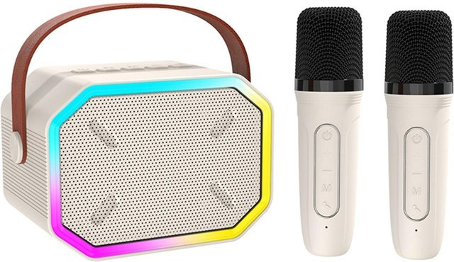 Andoer Mini Bluetooth Karaoke Maschine mit 2 drahtlosen Mikrofonen und Lichteffekten in Weiß - Bild 1