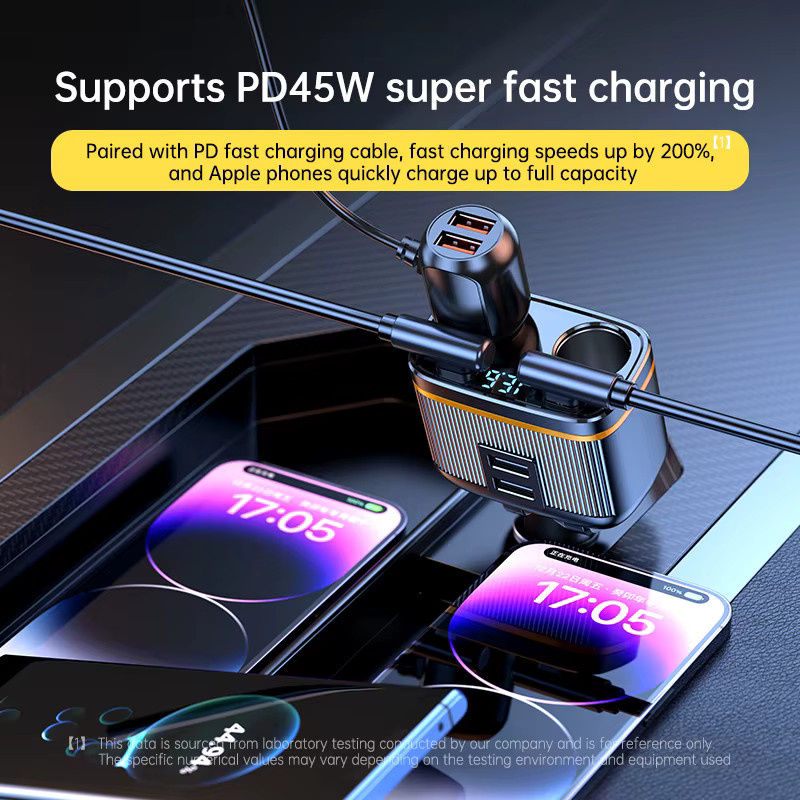 Korseed 6-in-1 Zigarettenanzünder-Splitter mit 145 W, USB-C Autoladegerät mit 4 Anschlüssen, PD30W und Spannungsanzeige - Bild 2