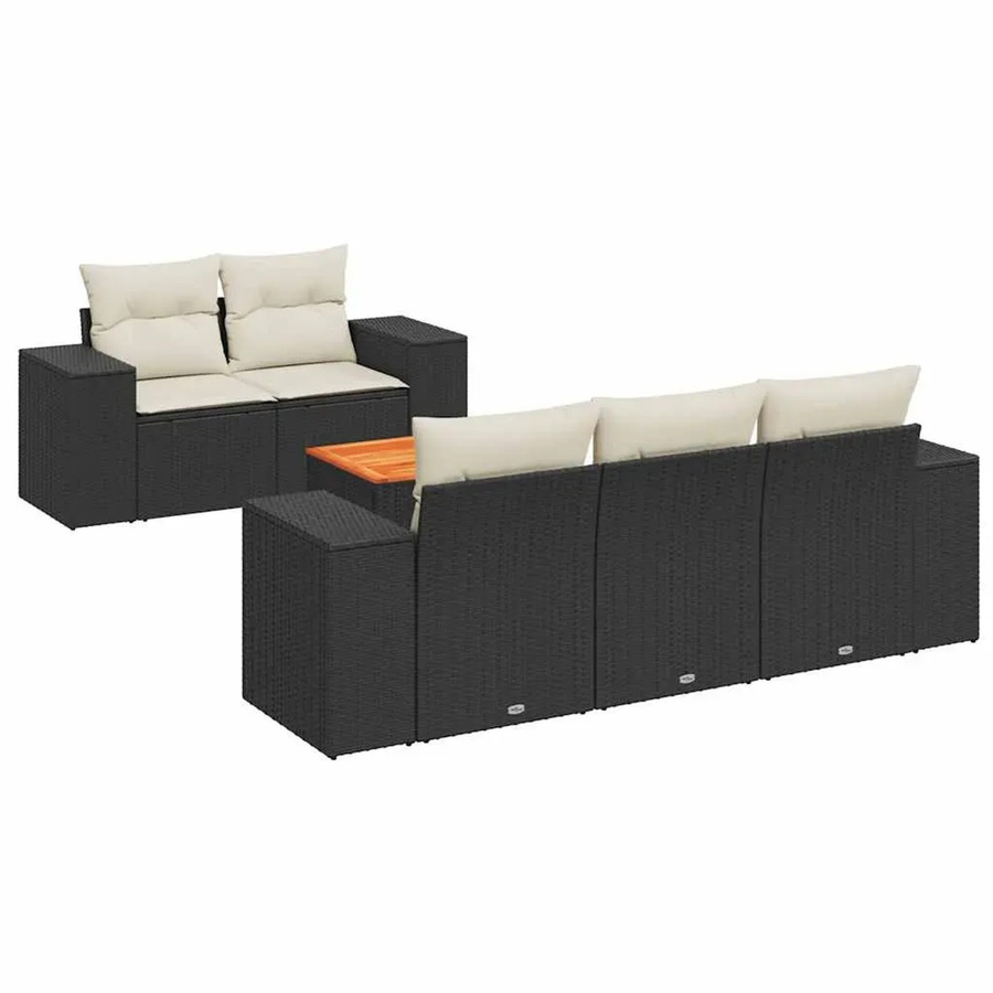 vidaXL 6-teilige Garten-Sofagarnitur aus Poly-Rattan und Akazienholz in Schwarz-Creme mit Kissen - Bild 2