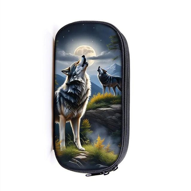 Fancy Style Studio Federmäppchen mit Mond und heulendem Wolf Motiv, buntes Stoff-Schulmäppchen für Teenager und Damen - Bild 1