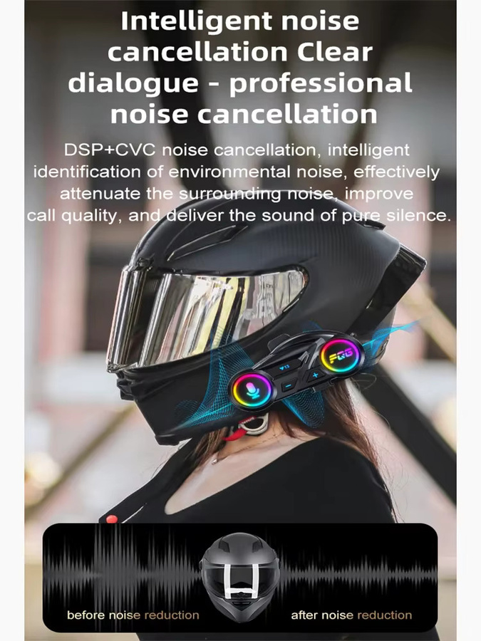 XINOWY Y13 Motorradhelm-Headset mit Bluetooth V6.0, Stereo FM-Radio, CVC+DSP Geräuschunterdrückung, RGB-Lichteffekten und IP56 Wasserdichtigkeit in Schwarz - Bild 4
