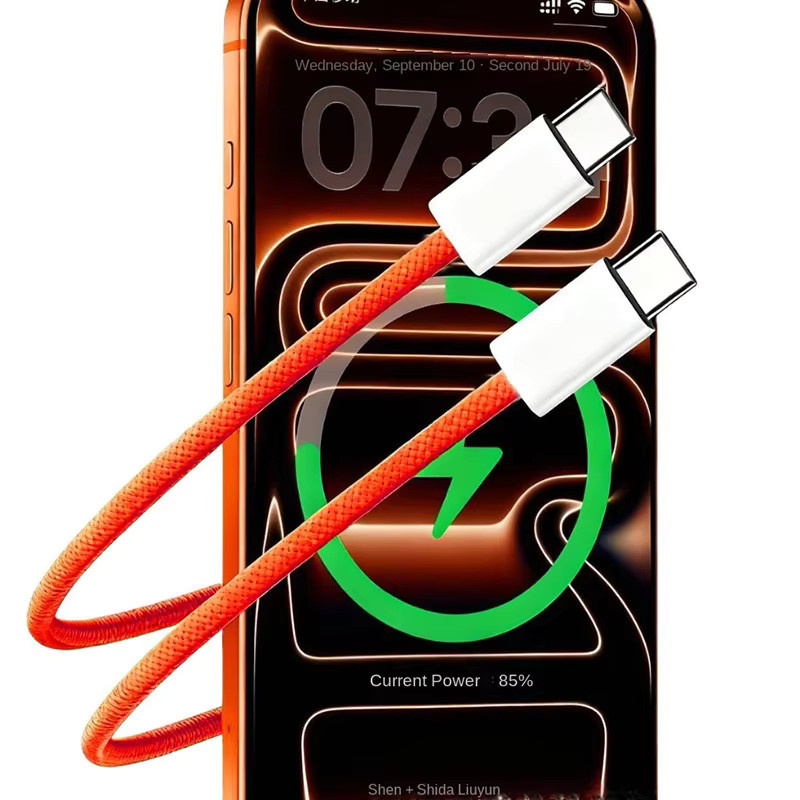USB-C auf USB-C Ladekabel mit Schnellladefunktion aus Textilgewebe in Gelb für Apple iPhone 15 16, Huawei, Xiaomi und Samsung - Bild 3