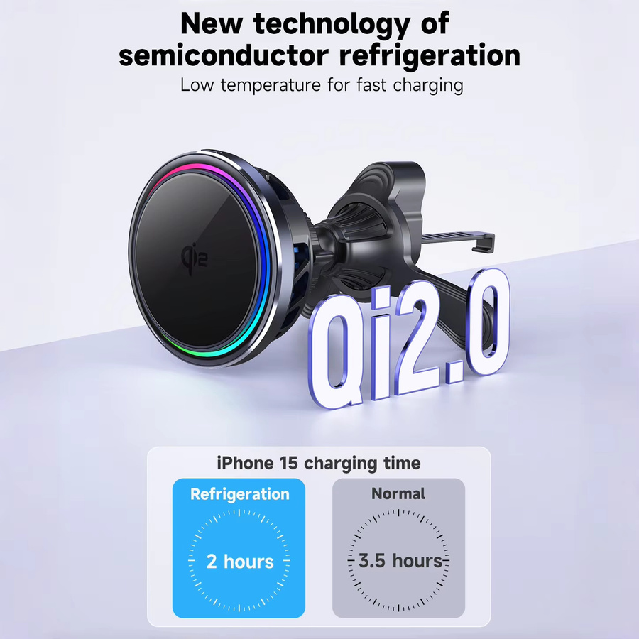 HaaYot Magnetisches kabelloses Autoladegerät mit QI2 Eiskühlung und RGB-Schnellladefunktion für MagSafe iPhone, Schwarz - Bild 2