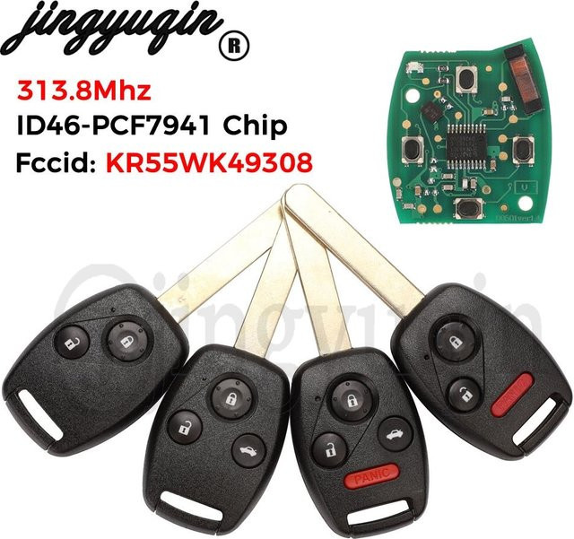 Jingyuqin KR55WK49308 Fernbedienungsschlüssel mit ID46 Chip in Schwarz für Honda Accord Element Pilot CR-V HR-V Fit Insight City Jazz Odyssey Fleed (313,8 MHz) - Bild 1