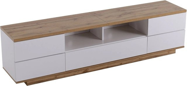 okwish TV Schrank mit Farbblock Design und Holzmaserung in Weiß und Natur, B/T/H: 180 x 38 x 46 cm - Bild 1
