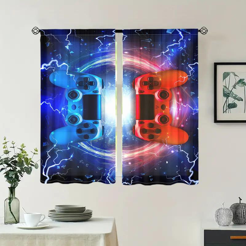 2er-Set Retro Street Style Gamecontroller Vorhänge in Blau und Rot, halbtransparent mit Rod Pocket für Wohnzimmer und Jugendzimmer, B: 150 cm, H: 166 cm - Bild 2