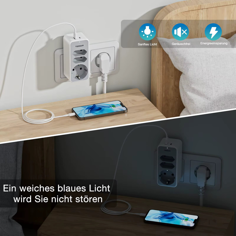 TESSAN 5-in-1 EU-Steckdosenadapter mit 3 Steckdosen, 1 USB und 1 Typ-C-Anschluss in Weiß oder Grau - Bild 3