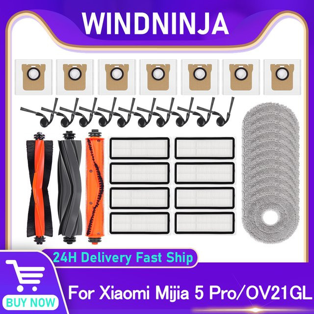 WINDNINJA Ersatzteil-Set für Xiaomi 5 Pro / OV21GL Roboter Staubsauger mit Staubbeuteln, HEPA-Filtern, Mopp-Tüchern und Seitenbürsten - Bild 1