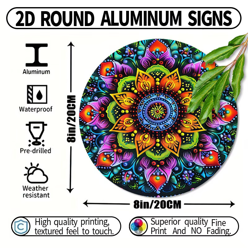Potdemiel Rundes Vintage Wandschild mit Mandala-Motiv in Bunt, Metall Wandkunst mit geometrischem Blumenmuster, Durchmesser: 20 cm - Bild 3