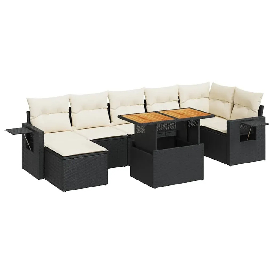 vidaXL 8-teilige Garten-Sofagarnitur in L-Form aus Poly-Rattan und Akazienholz mit Kissen in Schwarz-Creme - Bild 2