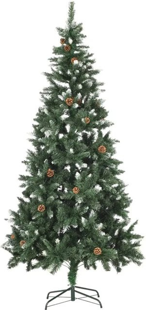 vidaXL Künstlicher Weihnachtsbaum mit warmweißen LEDs und Kiefernzapfen in Grün und Weiß, Höhe: 210 cm - Bild 1