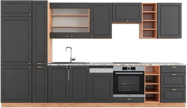 Vicco Fame-Line Küchenzeile Landhausstil in Anthrazit und Eiche mit Marmor-Optik, Breite: 355 cm - Bild 1