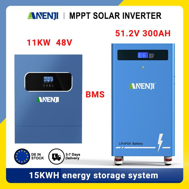 ANENJI Hybrider Solar Off-Grid und Grid-Tie Wechselrichter 11kW 48V mit 51.2V 300Ah Lithium-Eisenphosphat Haushaltsbatterie in Blau - Bild 1